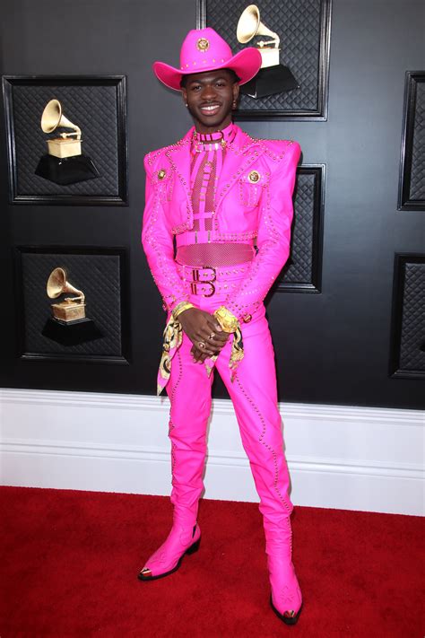 pink versace suit and harness of lil nas x|lil nas x versace cowboy outfit.